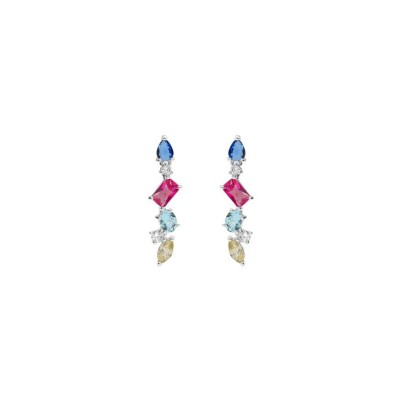 Boucles d'oreilles tige argent rhodié pendante 4 oxydes multi couleurs
