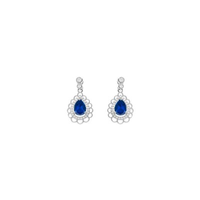 Boucles d'oreilles tige argent rhodié goutte oxyde bleu serti et contour oxydes blancs et dentellé