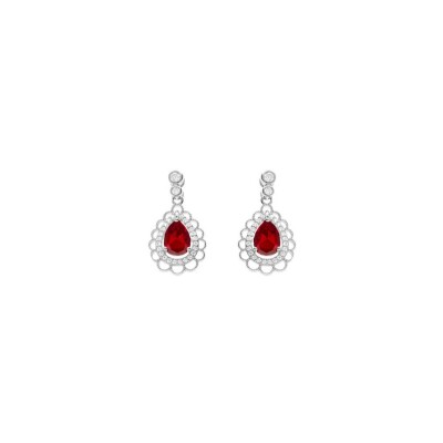 Boucles d'oreilles tige argent rhodié goutte oxyde rouge serti et contour oxydes blancs et dentellé