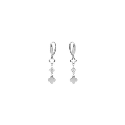 Boucles d'oreilles dormeuse argent rhodié trèfles lisses et avec oxydes blancs