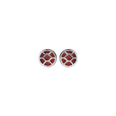 Boucles d'oreilles tige argent rhodié ronde corail gorgone et oxydes blancs