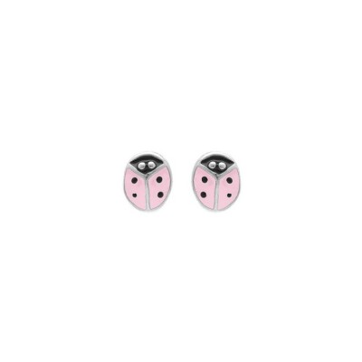 Boucles d'oreilles tige argent rhodié puce coccinelle rose