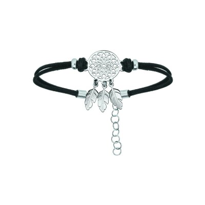 Bracelet argent rhodié cordon noir attrape rêve 16+3cm