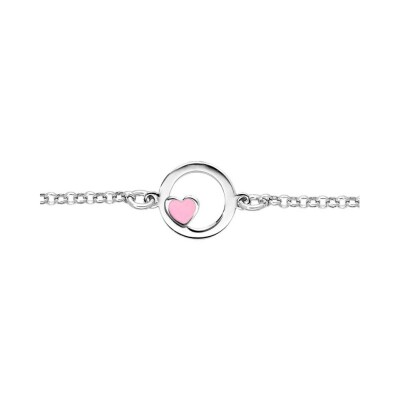 Bracelet argent rhodié cercle avec coeur résine rose 15+2cm