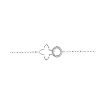 Bracelet argent rhodié fleur découpée lisse et cercle oxydes blancs sertis 16+2cm