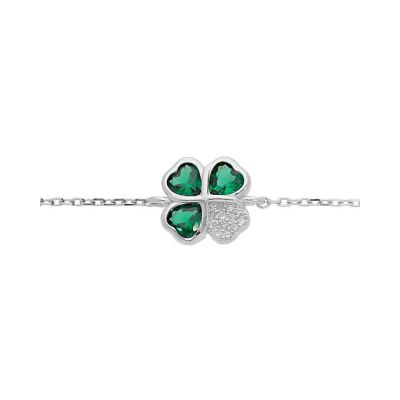 Bracelet argent rhodié trèfle et coeur oxydes verts 10mm 16+1+1cm