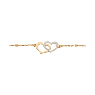 Bracelet argent et dorure jaune double coeur granité chaîne avec boules 15+3cm