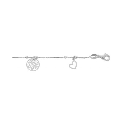 Bracelet argent rhodié fine boules pampilles coeurs et arbre de vie 16+3cm