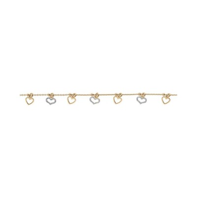 Bracelet argent doré jaune pampilles coeurs lisses et givrés 16+3cm