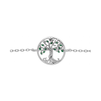 Bracelet argent rhodié arbre de vie résine verte 15+2.5cm