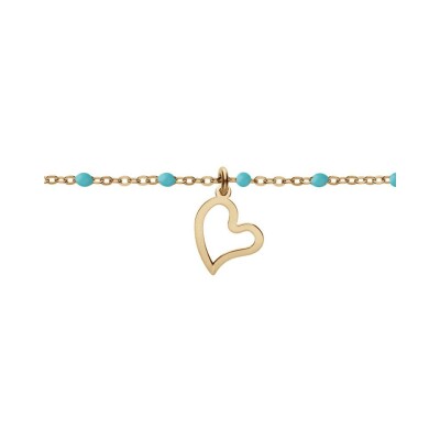 Bracelet argent et dorure jaune boules résine turquoise imitation avec coeur 15+3cm