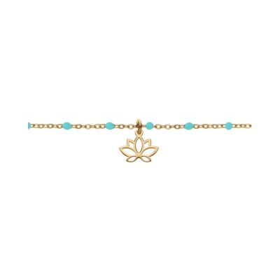 Bracelet argent et dorure jaune boules résine turquoise imitation avec fleur de lotus 15+3cm