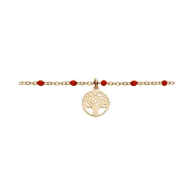 Bracelet argent et dorure jaune boules résine rouges avec arbre de vie 15+3cm