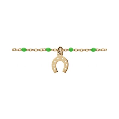 Bracelet argent et dorure jaune boules résine vertes avec fer a cheval 15+3cm
