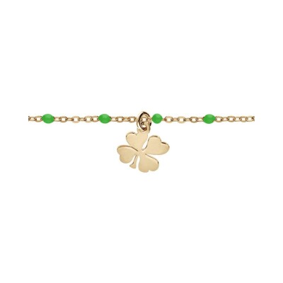 Bracelet argent et dorure jaune boules résine vertes avec trèfle 15+3cm