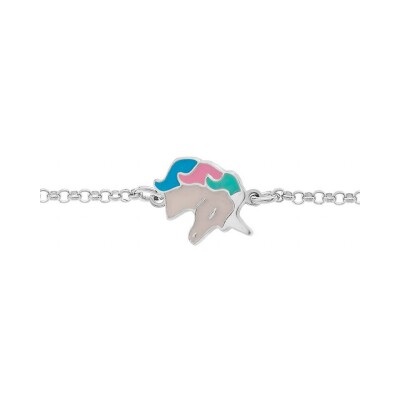 Bracelet argent rhodié licorne résine blanche et pastel 13+3cm
