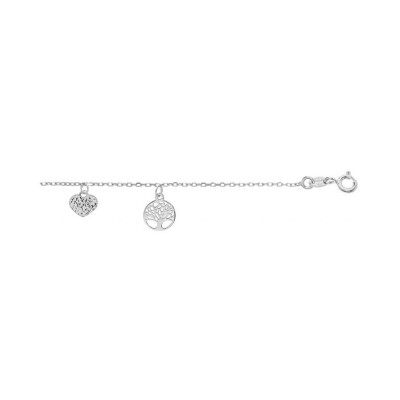 Bracelet argent rhodié pampilles coeur et arbre de vie 16+3cm