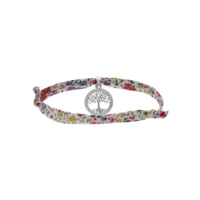 Bracelet liberty tissu fleuri rose 1 pampille arbre de vie oxydes blancs sertis argent rhodié réglable