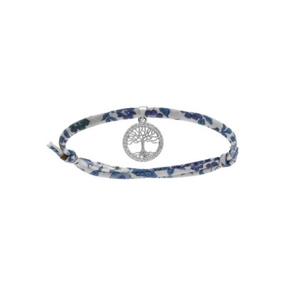 Bracelet liberty tissu fleuri bleu 1 pampille arbre de vie oxydes blancs sertis argent rhodié réglable