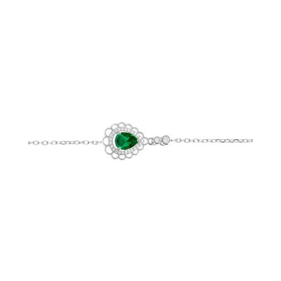 Bracelet argent rhodié goutte oxyde vert serti contour oxydes blancs sertis et dentelle 15+3cm