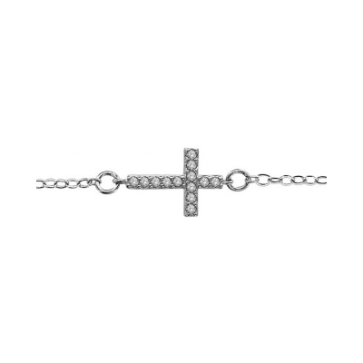 Bracelet argent rhodié motif croix couchée oxydes blancs micro sertis 16+2cm