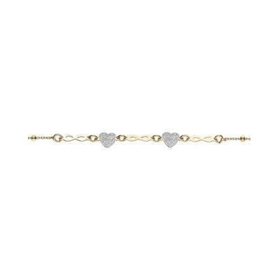 Bracelet argent doré coeurs granités et infinis lisses 16+3cm