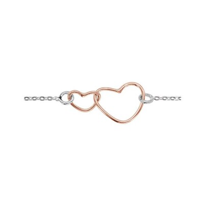 Bracelet argent rhodié motif double coeurs dorure rose 16+3cm