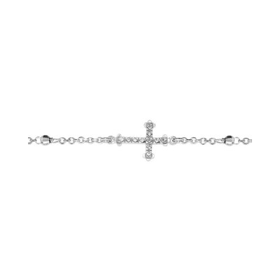 Bracelet argent rhodié chaînette et boules avec croix couchée 16+3cm
