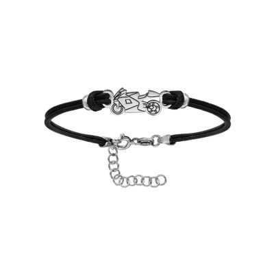 Bracelet argent rh cordon double noir interchangeable motif moto de course 14+3cm