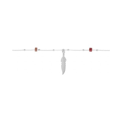 Chaîne cheville argent rhodié plume rondelles rhodonite véritable 22+3cm