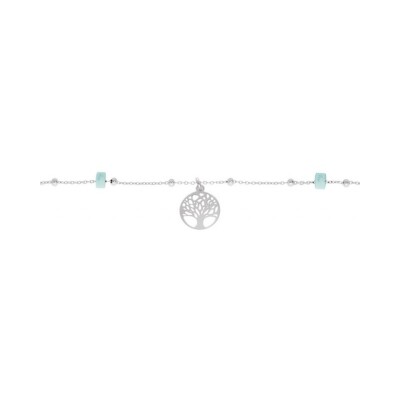 Chaîne cheville argent rhodié arbre de vie rondelles turquoise véritable 22+3cm