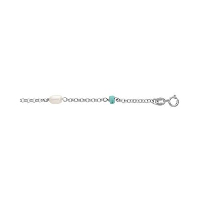 Chaîne cheville argent platiné rondelles turquoise africaine et perles de culture d'eau douce 23+3cm