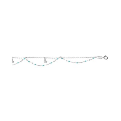 Chaîne cheville argent rhodié 2 rangs résine turquoise imitation et coeurs 23+3cm