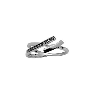 Bague argent rhodié style signe chinois pierres noires synthétique, taille 54