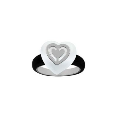 Bague argent rhodié coeur résine noire et blanche