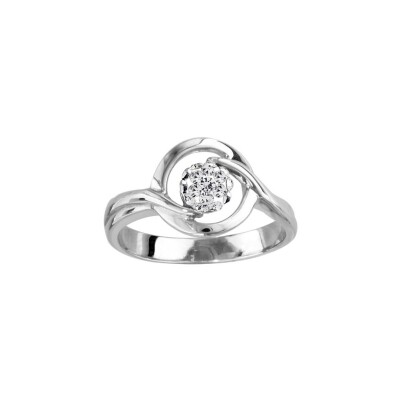 Bague argent rhodié entourage et boule résine strass blancs, taille 54
