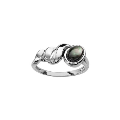 Bague argent rhodié tourbillon nacre noire véritable, taille 54