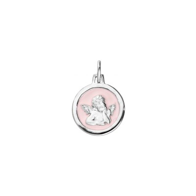 Pendentif argent rhodié ovale ange sur fond résine rose pale