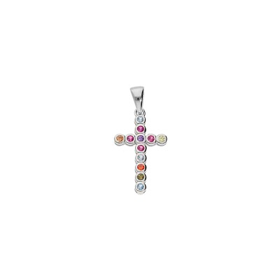 Pendentif Croix argent rhodié empierrée multicouleur