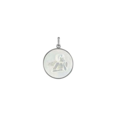 Pendentif argent rhodié médaille ronde ange nacre blanche