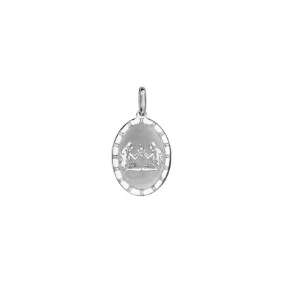 Pendentif argent rhodié pendentif zodiaque plaque ovale gemeaux brillant fond sable