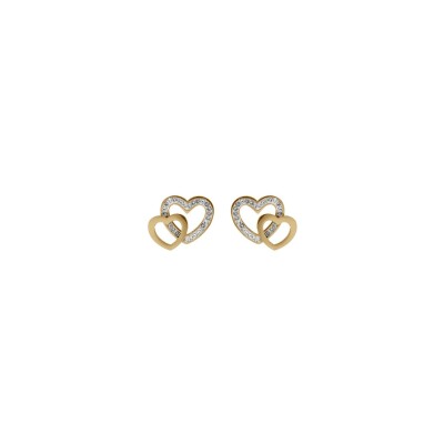 Boucles d'oreilles acier pvd doré double coeur strass