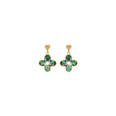 Boucles d'oreilles tige acier doré stella mia forme fleur 16mm résine vert et bleu