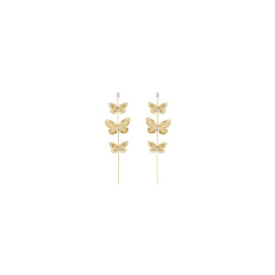 Boucles d'oreilles tige acier doré pendante 3 papillons et oxydes blancs 110mm