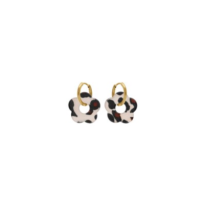Créoles acier doré 15mm articulée fleur résine léopard marron et blanc