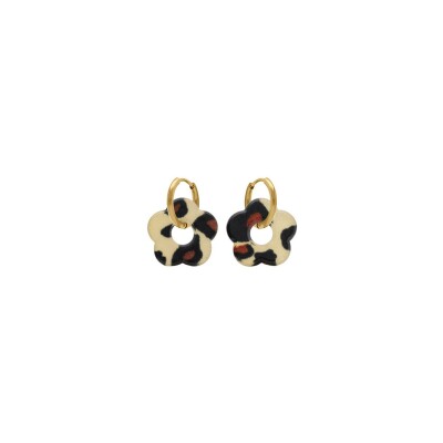 Créoles acier doré 15mm articulée fleur résine léopard marron et beige
