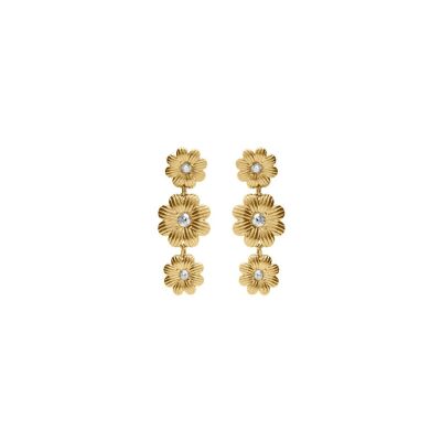Boucles d'oreilles tige acier dore pendante 3 fleurs oxydes blancs sertis
