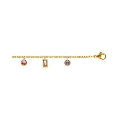 Bracelet acier doré oxydes multi couleurs sertis clos 16+3cm