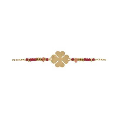 Bracelet acier pvd doré trèfle et boules rouges 16+3cm