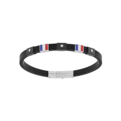 Bracelet acier et caoutchouc noir drapeau français 21.5cm réglable 17cm